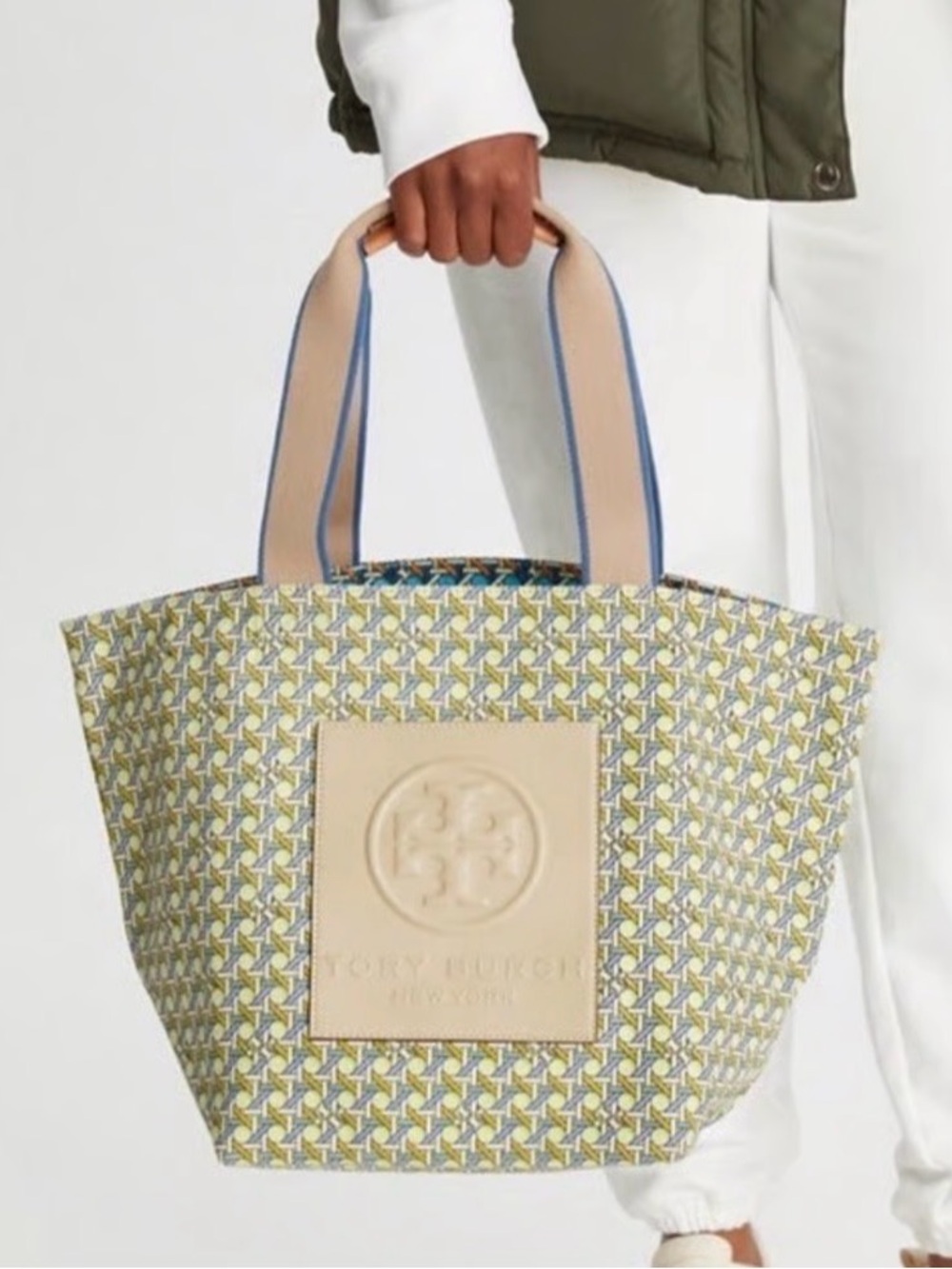 Tory Burch Yellow & Beige Patterned Canvas Tote